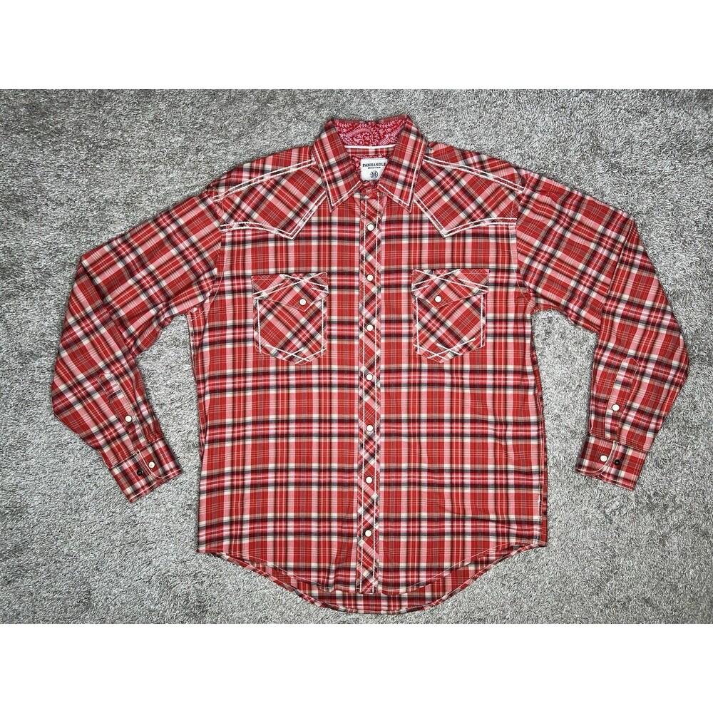 Panhandle Rough Stock Pearl Snap Thick Stitch Plaid Shirt Men's Medium